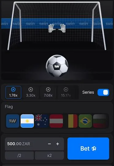 1Win x Penalty game screen with a goal and ball, four multipliers 1.76x, 3.30x, 7.08x and 15.17x, a Series toggle, a flag picker and a 500.00 ZAR stake with Bet button